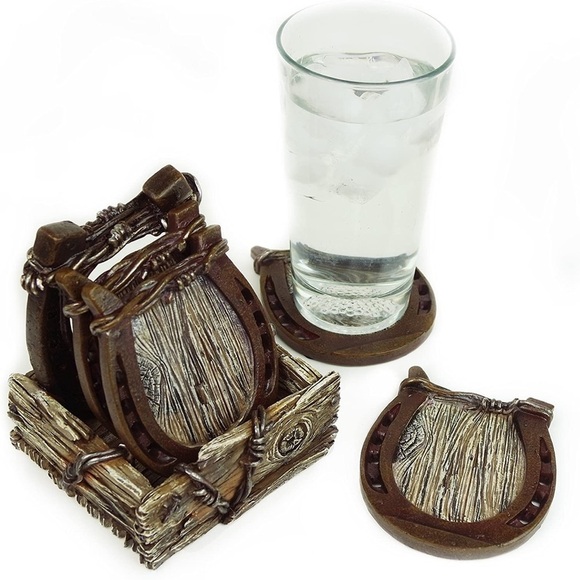 Horseshoe Coaster Set with Holder Collectible Wood Look - Picture 2 of 12